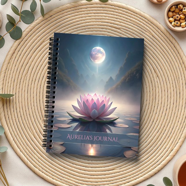 Full Moon Reflection – Lunar Witch Spiritual Notebook (Full Moon Reflection – Lunar Witch Spiritual Notebook on a boho table with herbs and a cup of tea)