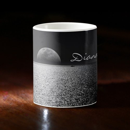 Full Moon Rise Over Ocean Water Black  White Name Coffee Mug