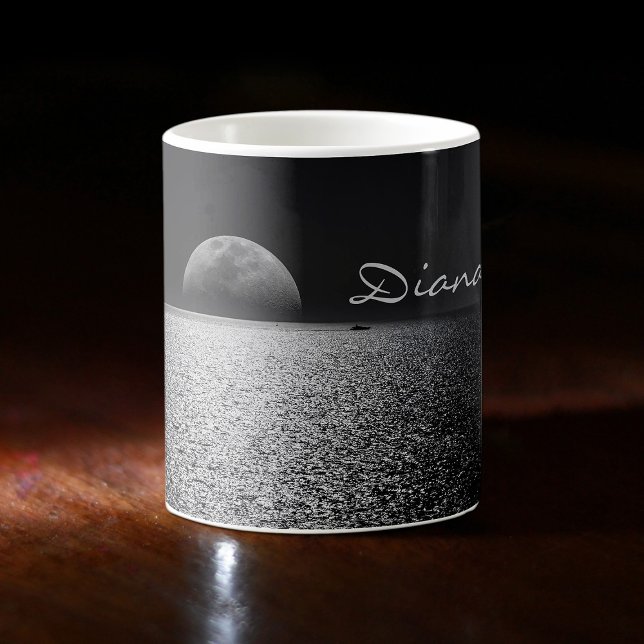 Full Moon Rise Over Ocean Water Black & White Name Coffee Mug (Creator Uploaded)