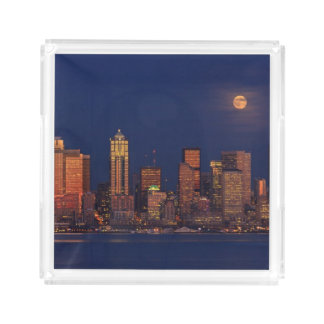 Full moon rising over downtown Seattle skyline Acrylic Tray