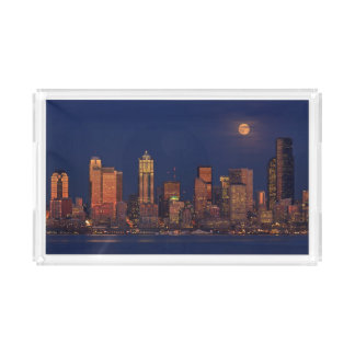 Full moon rising over downtown Seattle skyline Acrylic Tray
