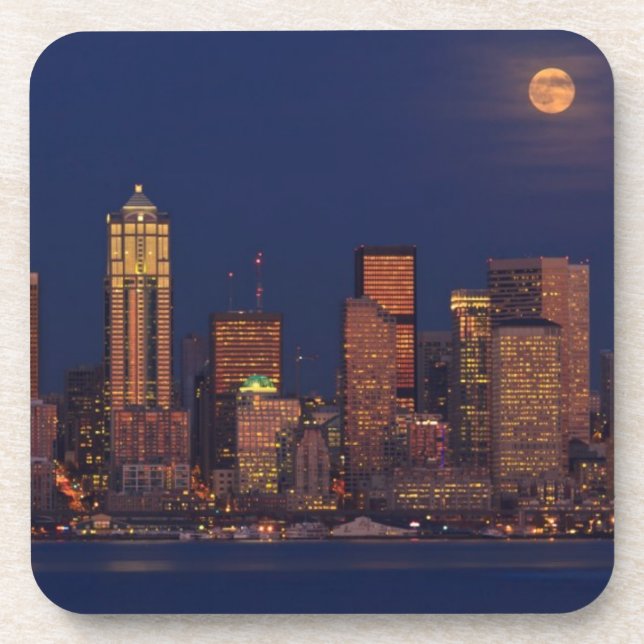 Full moon rising over downtown Seattle skyline Beverage Coaster (Front)