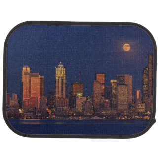 Full moon rising over downtown Seattle skyline Car Floor Mat