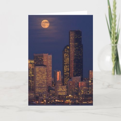 Full moon rising over downtown Seattle skyline Card