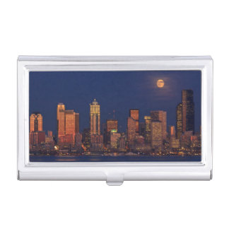 Full moon rising over downtown Seattle skyline Case For Business Cards