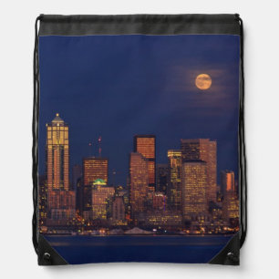 Full moon rising over downtown Seattle skyline Drawstring Bag