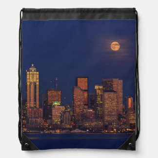 Full moon rising over downtown Seattle skyline Drawstring Bag