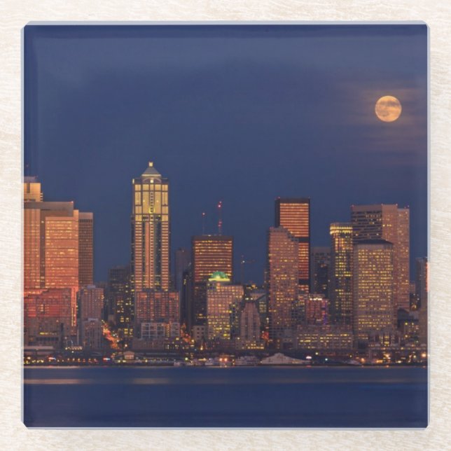 Full moon rising over downtown Seattle skyline Glass Coaster (Front)