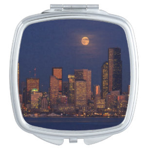 Full moon rising over downtown Seattle skyline Makeup Mirror