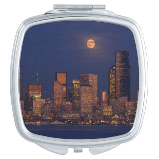 Full moon rising over downtown Seattle skyline Makeup Mirror