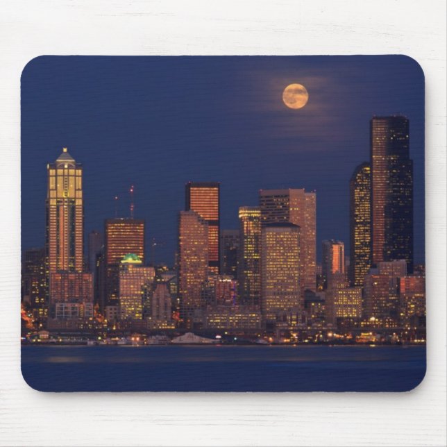 Full moon rising over downtown Seattle skyline Mouse Pad (Front)