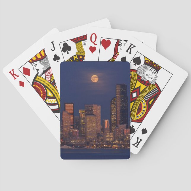 Full moon rising over downtown Seattle skyline Poker Cards (Back)