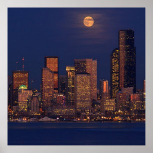 Full moon rising over downtown Seattle skyline Poster