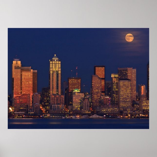 Full moon rising over downtown Seattle skyline Poster (Front)