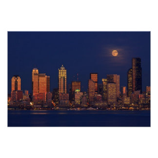Full moon rising over downtown Seattle skyline Poster