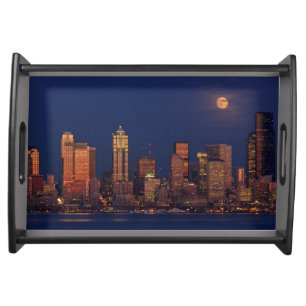 Full moon rising over downtown Seattle skyline Serving Tray