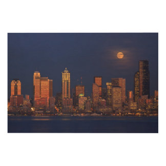 Full moon rising over downtown Seattle skyline Wood Wall Decor