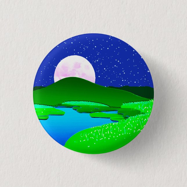 Full Moon Rising Over Green Hills  Button (Front)