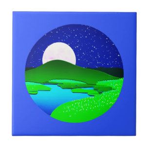 Full Moon Rising Over Green Hills Ceramic Tile