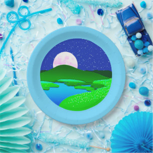 Full Moon Rising Over Green Hills  Paper Plates