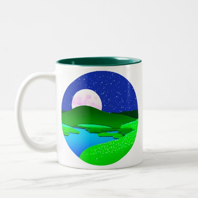 Full Moon Rising Over Green Hills   Two-Tone Coffee Mug (Left)