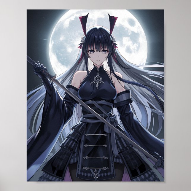 Full Moon Samurai — Elegant Dark Anime Warrior Gir Poster (Front)