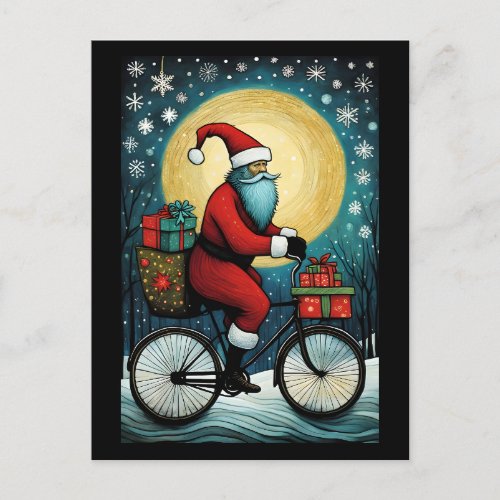Full Moon Santa Bicycle Presents Christmas Postcard
