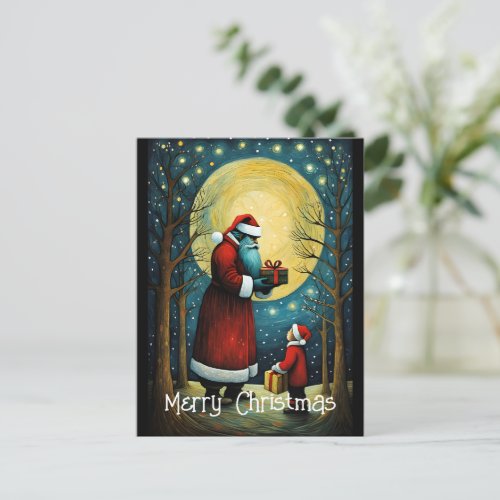 Full Moon Santa With Kid Christmas Gift Postcard