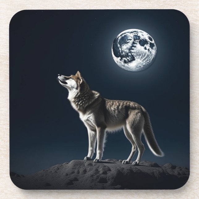 Full Moon Shining on the Wolf Beverage Coaster (Front)