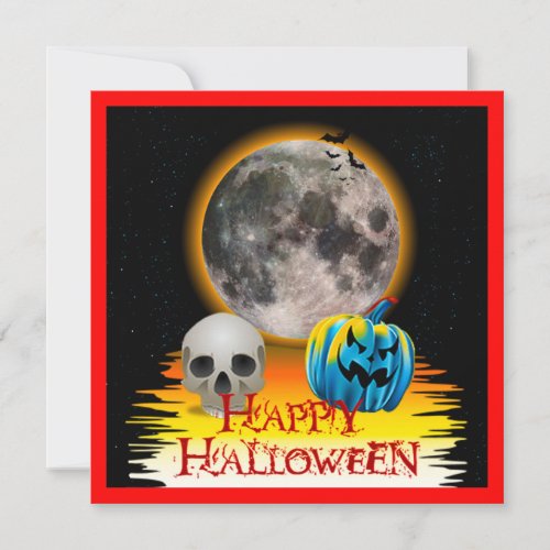 Full Moon Skull and Blue Pumpkin at Night Invitation