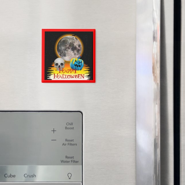 Full Moon, Skull and Blue Pumpkin at Night. Magnet (In Situ (Fridge))