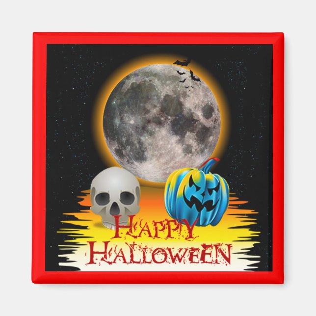 Full Moon, Skull and Blue Pumpkin at Night. Magnet (Front)