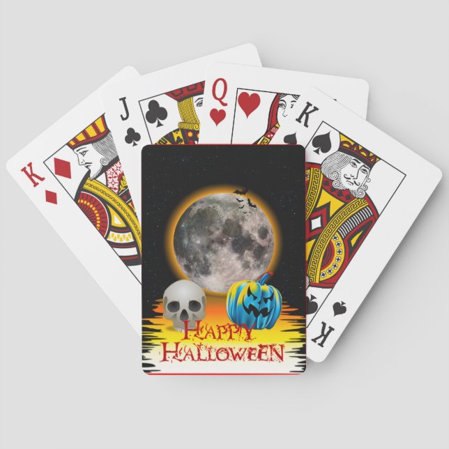 Full Moon, Skull and Blue Pumpkin at Night. Poker Cards (Back)