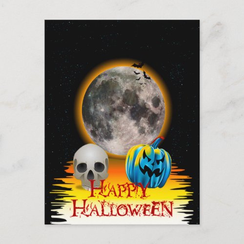 Full Moon Skull and Blue Pumpkin at Night Postcard