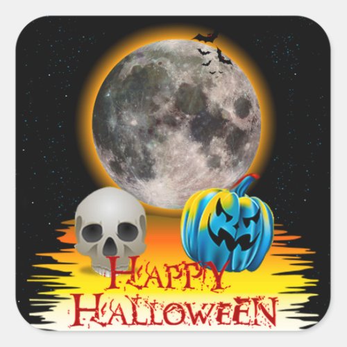 Full Moon Skull and Blue Pumpkin at Night Square Sticker