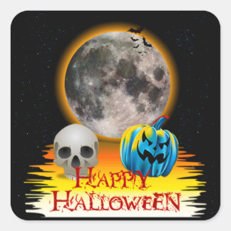Full Moon, Skull and Blue Pumpkin at Night. Square Sticker