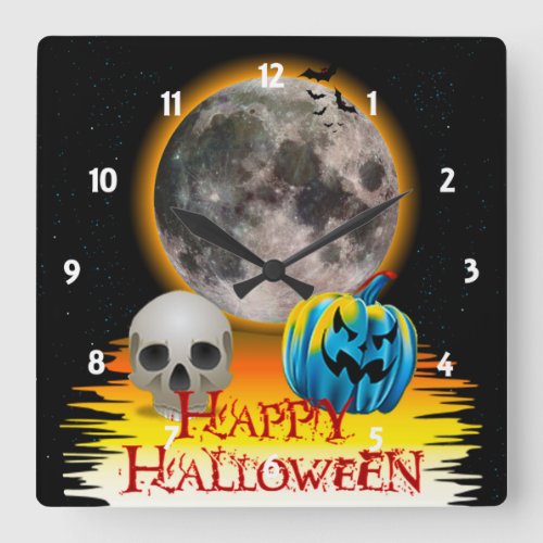 Full Moon Skull and Blue Pumpkin at Night Square Wall Clock