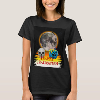 Full Moon, Skull and Blue Pumpkin at Night. T-Shirt
