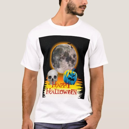 Full Moon Skull and Blue Pumpkin at Night T_Shirt