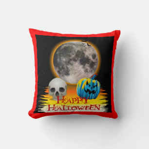Full Moon, Skull and Blue Pumpkin at Night. Throw Pillow