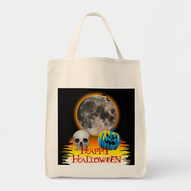 Full Moon, Skull and Blue Pumpkin at Night. Tote Bag (Front)