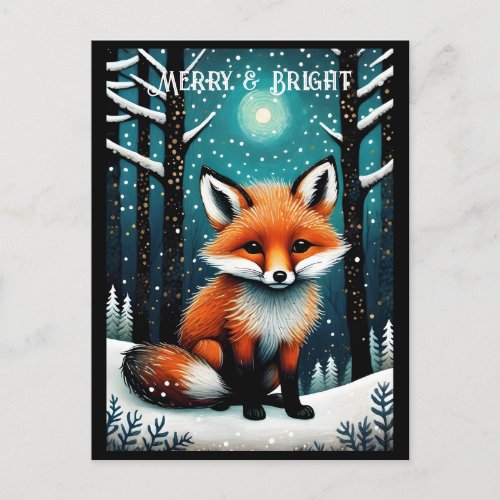 Full Moon Snowy Night Forest Cute Fox Christmas  Postcard