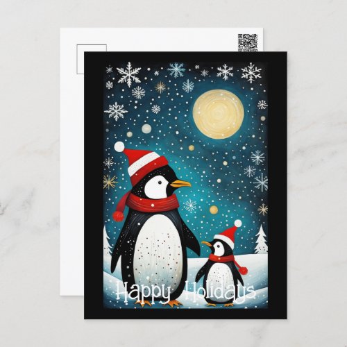 Full Moon Snowy Winter Santa Penguin Christmas  Holiday Postcard