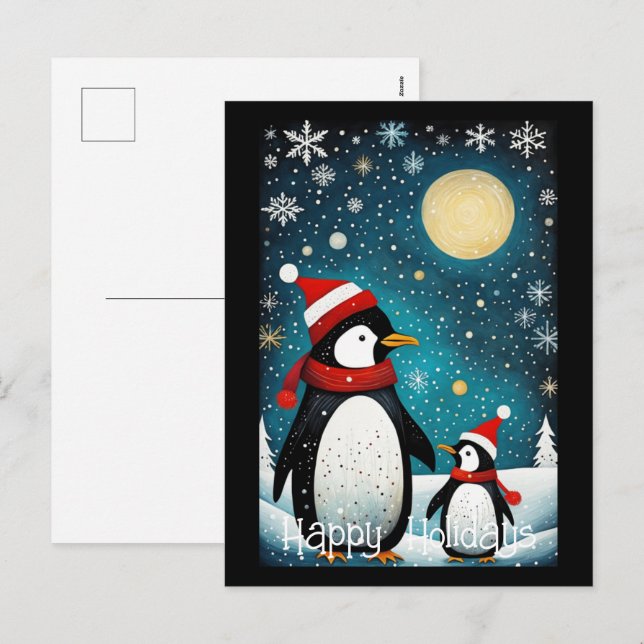 Full Moon Snowy Winter Santa Penguin Christmas  Holiday Postcard (Front/Back)