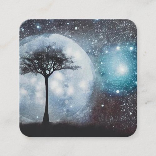 Full Moon Space Sky Tree Square Business Card