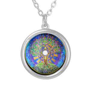 Full Moon Tree of LIfe Mandala Pendant. Silver Plated Necklace