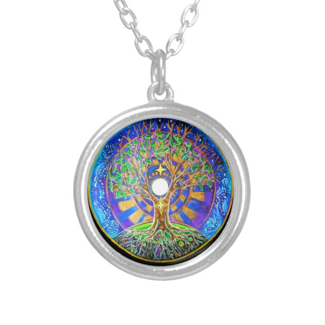 Full Moon Tree of LIfe Mandala Pendant. Silver Plated Necklace (Front)