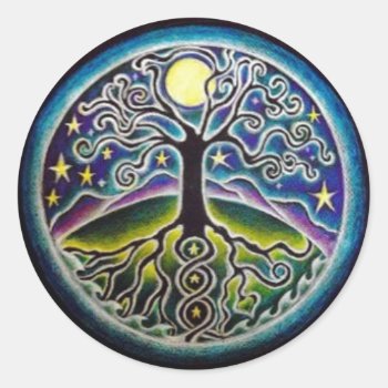 Full Moon Tree Of Life Starry Night Mandala Sticke Classic Round Sticker by arteeclectica at Zazzle