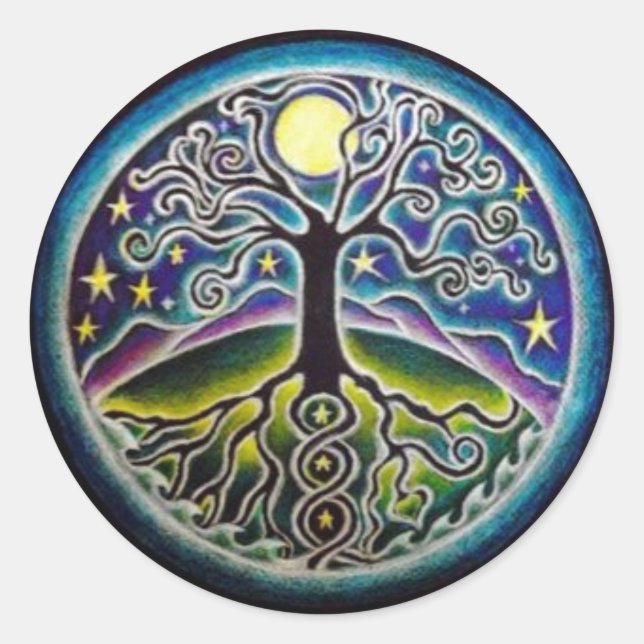 Full Moon Tree of Life Starry Night Mandala Sticke Classic Round Sticker (Front)