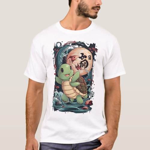 Full Moon Turtle _ Japanese Retro Style T_Shirt